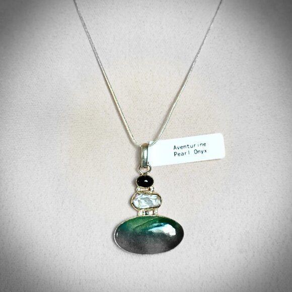 Aventurine Onyx Keshi Pearl All Natural NEW Artisan Crafted Pendant Silver Chain - Picture 3 of 8
